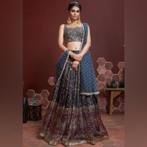 Navy Blue Lehenga Set (Skirt, Top, Scarf) - Size 38 Bust, M/L Adj. Skirt